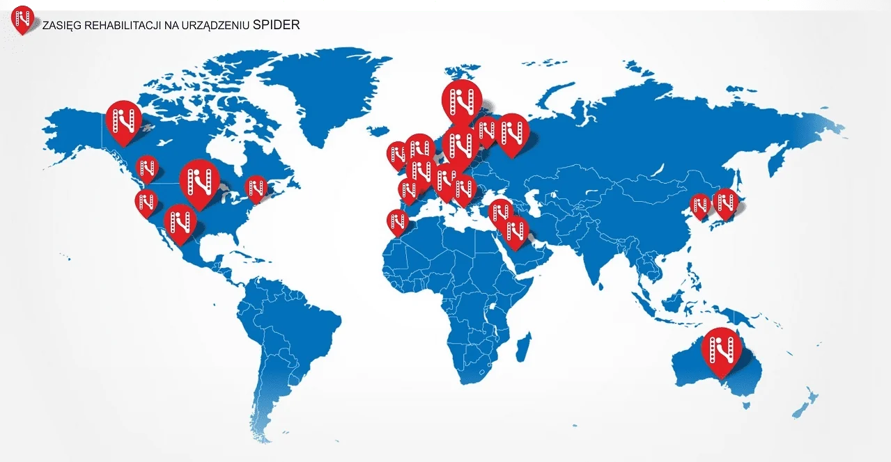 Mapa zasięgu rehabilitacji PAJĄK pokazująca, z jakich regionów świata przyjeżdżali pacjenci na turnusy rehabilitacyjne w ośrodku Norman.